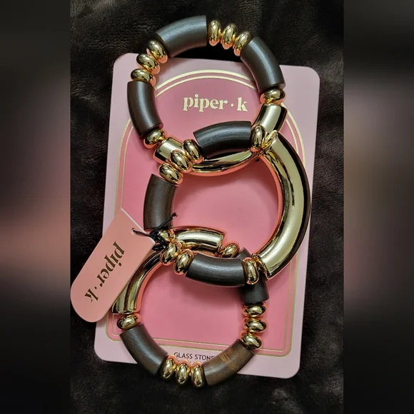 Piper K Set Of 3 Gold and Brown Statement Bracelet with Spherical Embellishments - Picture 2 of 13